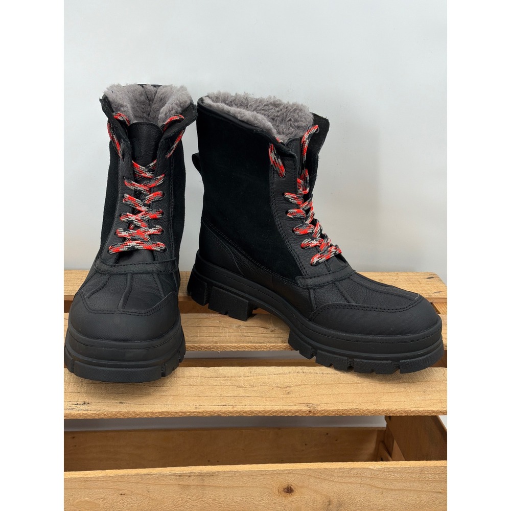 UGG Ashton Lace Heritage Black Leather Suede Winter‎ Boots 1130524 Womens 10
